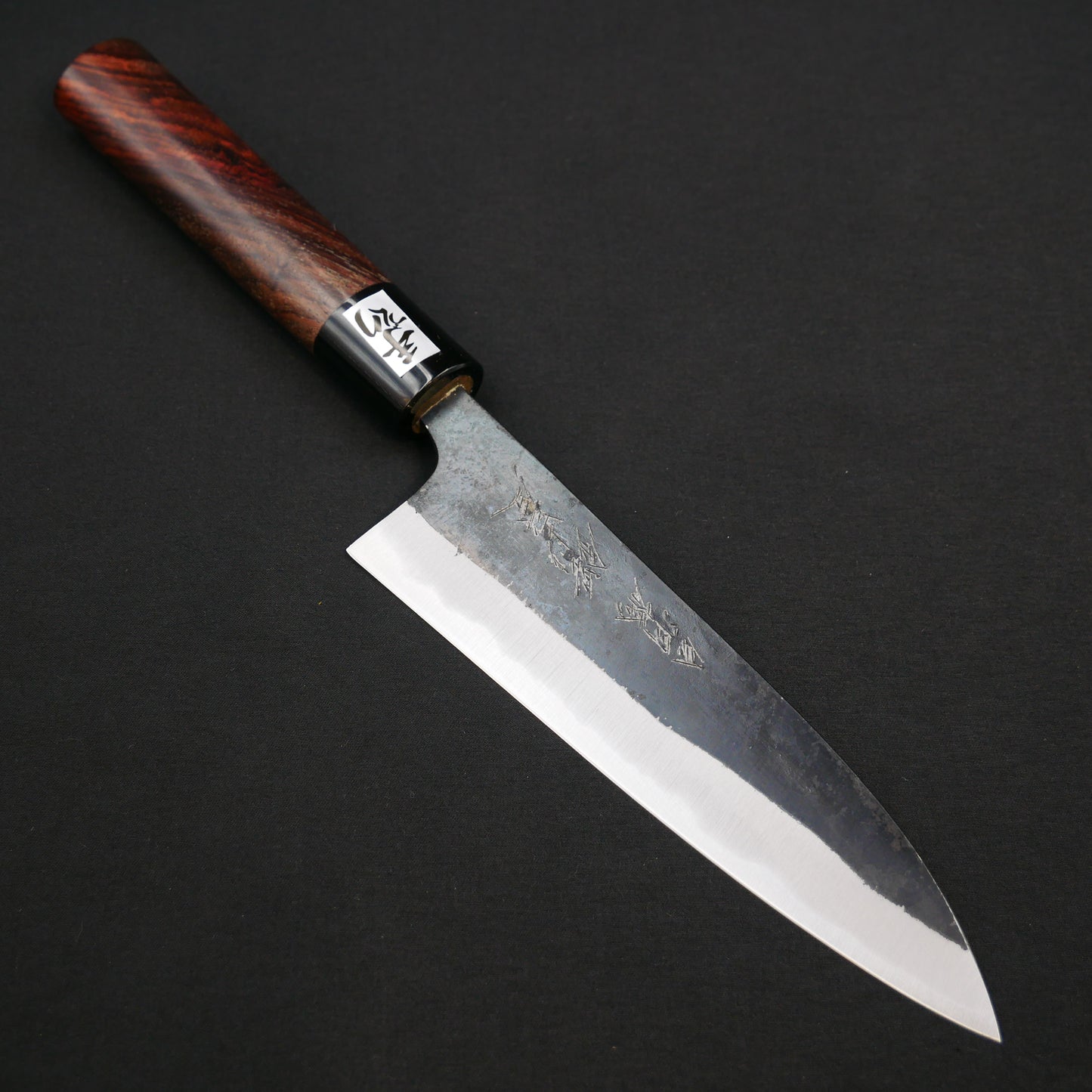 "Tanegashima" Blue#2 Carbon Steel Kurouchi Middle Santoku Rosewood Handle