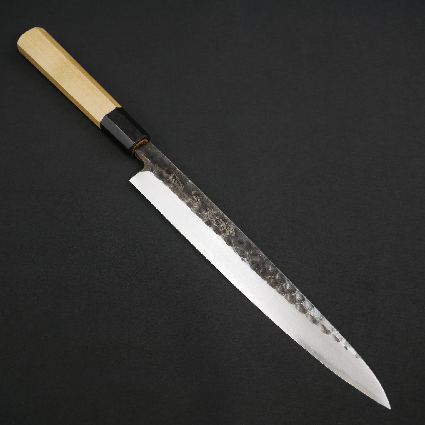 Blue#2 Carbon Steel Kurouchi Tsuchime Yanagiba Magnolia Octagonal Handle