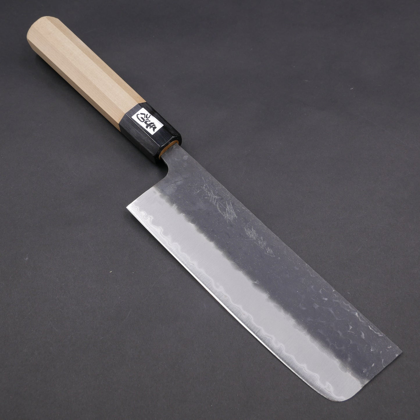 BlueSuper Carbon Steel Kurouchi Tsuchime StainlessClad Nakiri Magnolia Octagonal Handle