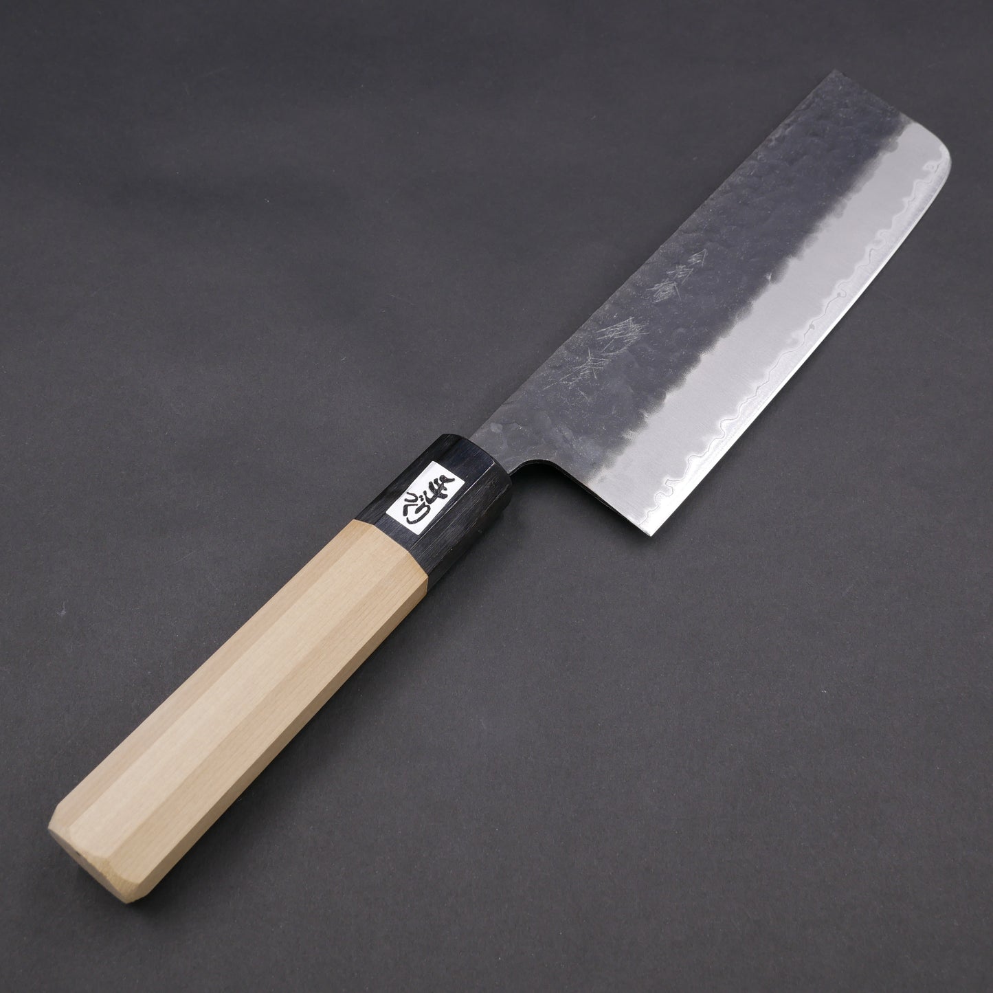 BlueSuper Carbon Steel Kurouchi Tsuchime StainlessClad Nakiri Magnolia Octagonal Handle